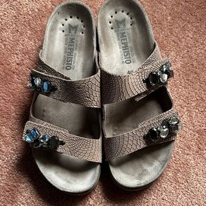 Women's MEPHISTO Hana Footbed Slides Sandals Black Croc Gems Rhinestones Jewels